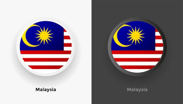 Set of two metallic rounded Malaysia flag buttons with black and white background