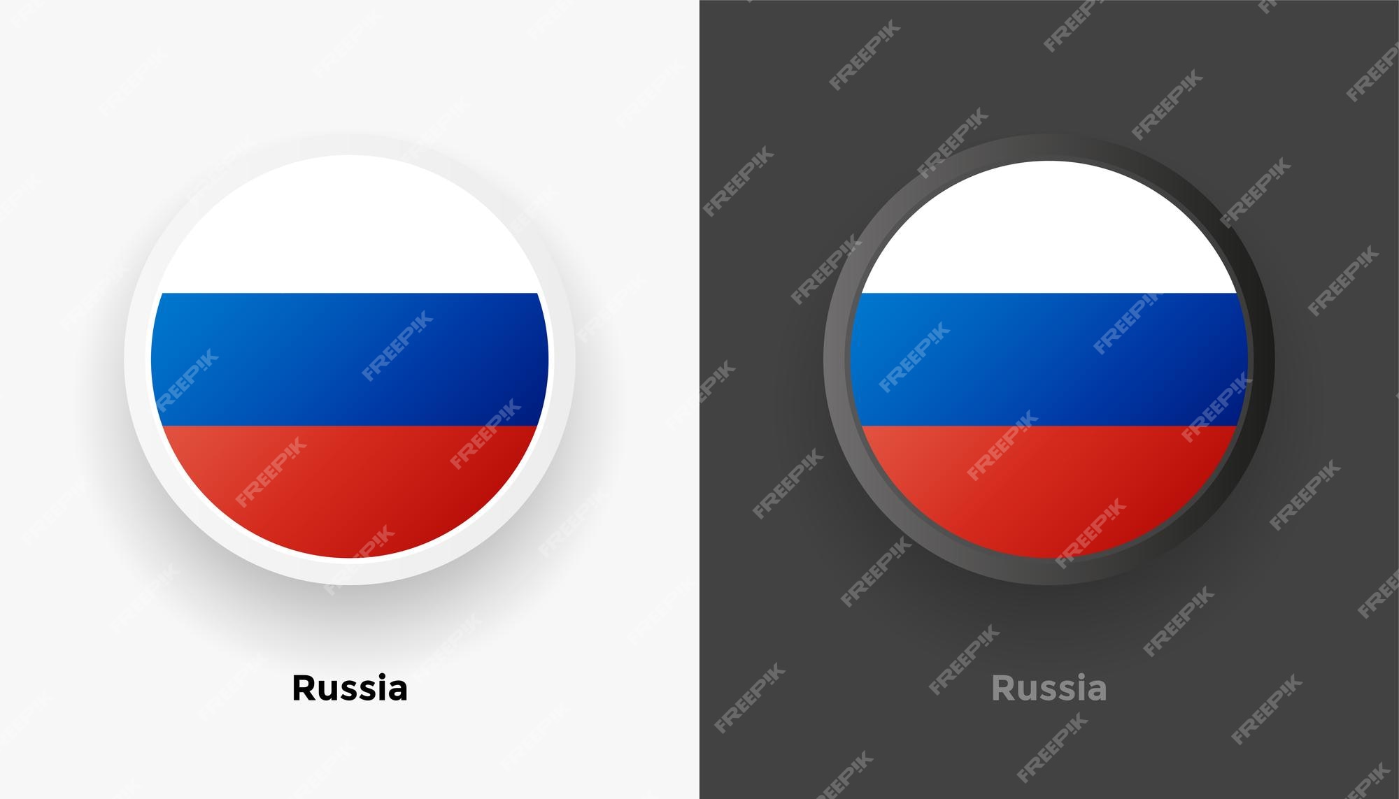 Round button with metal frame. Illustration of flag of Russia