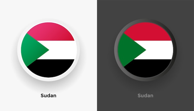 Set of two metallic rounded Sudan flag buttons with black and white background