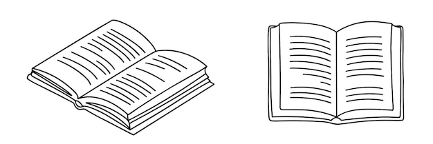 Set di due libri aperti in stile doodle contorno libro aperto illustrazione vettoriale disegnata a mano
