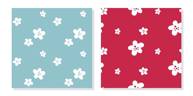 Set of two patterns with cute simple white flowers with crimson dots on a blue and red background