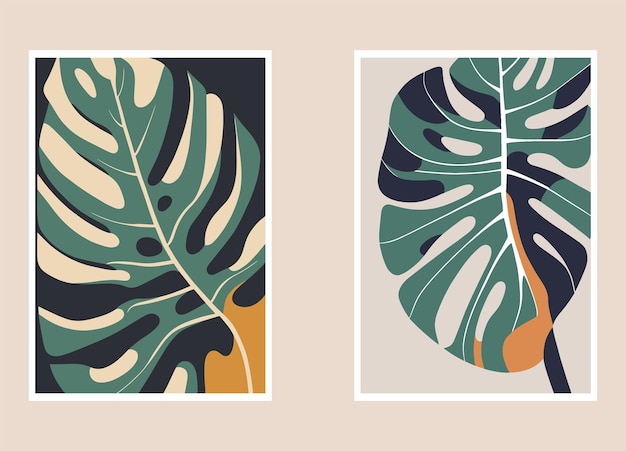 Set of two posters with tropical monstera leaves vector illustration