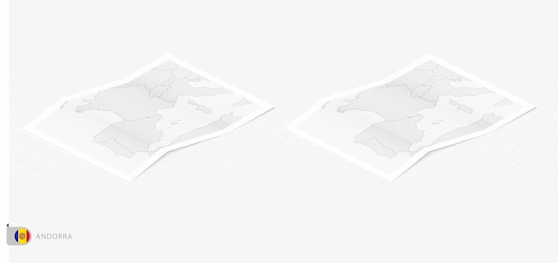 아이소메트릭 스타일의 안도라 국기와 지도 그림자가 있는 안도라의 현실적인 지도 두 개
