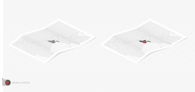 Set di due mappe realistiche del bangladesh con ombra la bandiera e la mappa del bangladesh in stile isometrico