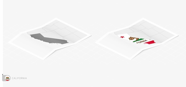 Set of two realistic map of California with shadow The flag and map of California in isometric style