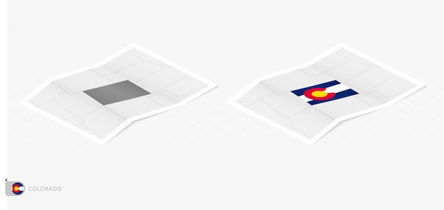 Set of two realistic map of Colorado with shadow The flag and map of Colorado in isometric style