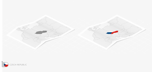 Set di due mappe realistiche della repubblica ceca con ombra la bandiera e la mappa della repubblica ceca in stile isometrico