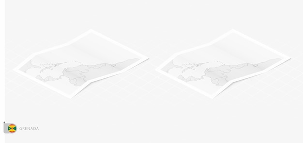 Set of two realistic map of Grenada with shadow The flag and map of Grenada in isometric style