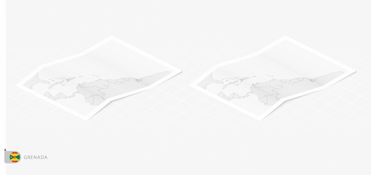 Vector set of two realistic map of grenada with shadow the flag and map of grenada in isometric style