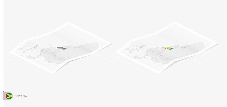 Vector set of two realistic map of guyana with shadow the flag and map of guyana in isometric style
