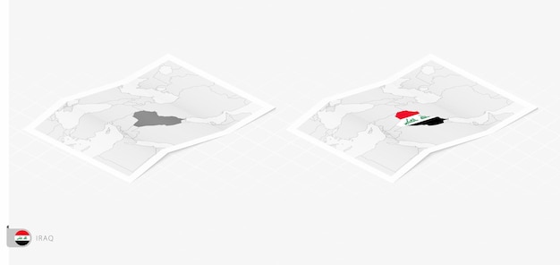 Vector set of two realistic map of iraq with shadow the flag and map of iraq in isometric style