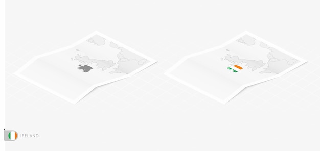 Set of two realistic map of Ireland with shadow The flag and map of Ireland in isometric style