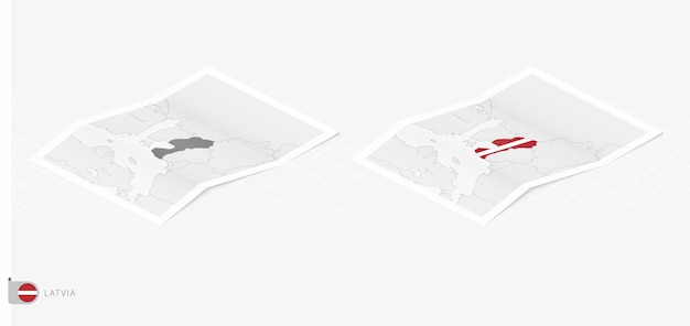 シャドウとラトビアの 2 つの現実的な地図のセット等尺性スタイルのラトビアの旗と地図