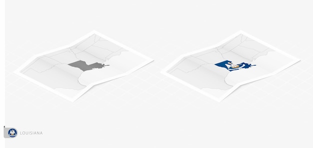 ルイジアナ州の 2 つの現実的なマップのセット影と等角投影法でのルイジアナ州の旗と地図