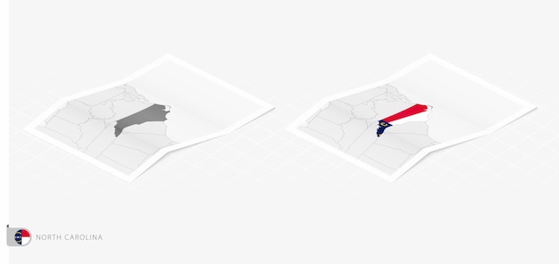 Set of two realistic map of North Carolina with shadow The flag and map of North Carolina in isometric style