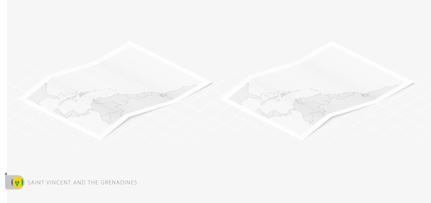 그림자가 있는 세인트 빈센트 그레나딘의 두 개의 현실적인 지도 아이소메트릭 스타일의 세인트 빈센트 그레나딘의 국기와 지도