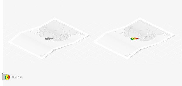 Set of two realistic map of Senegal with shadow The flag and map of Senegal in isometric style