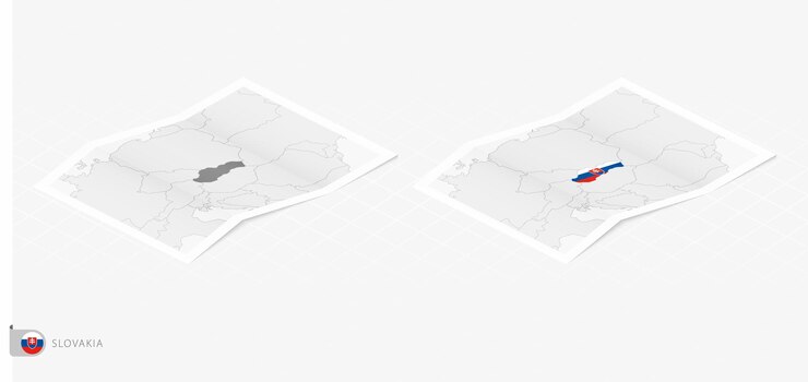 Vector set of two realistic map of slovakia with shadow the flag and map of slovakia in isometric style