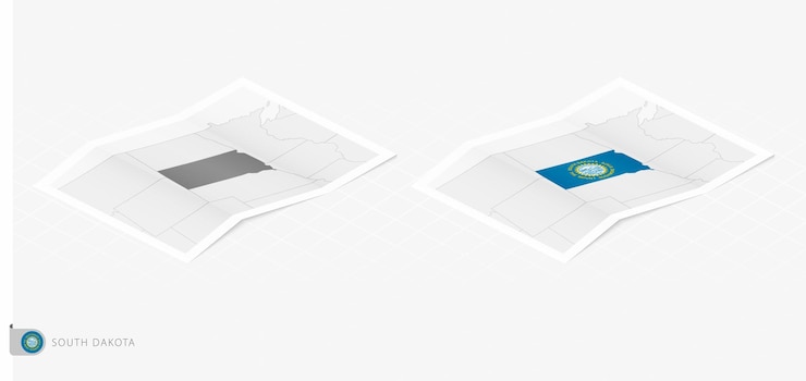 Vector set of two realistic map of south dakota with shadow the flag and map of south dakota in isometric style