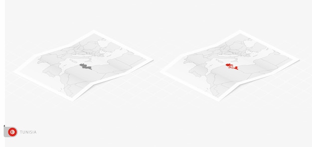 Set di due mappe realistiche della tunisia con ombra la bandiera e la mappa della tunisia in stile isometrico