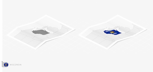 Set of two realistic map of Wisconsin with shadow The flag and map of Wisconsin in isometric style