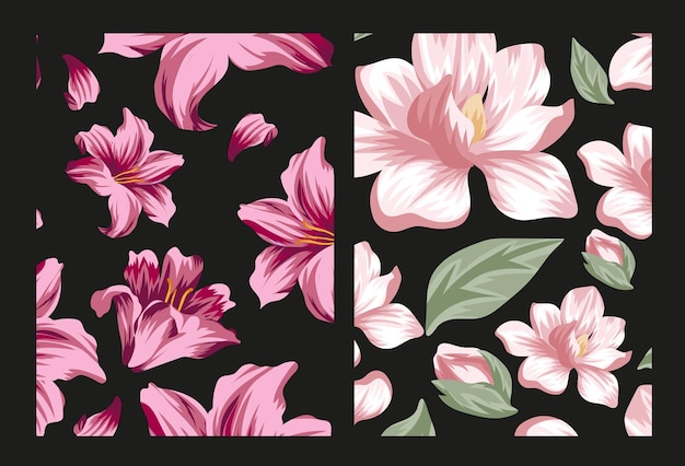 set of two seamless floral patterns consisting of light pink magnolia buds and pink lilies