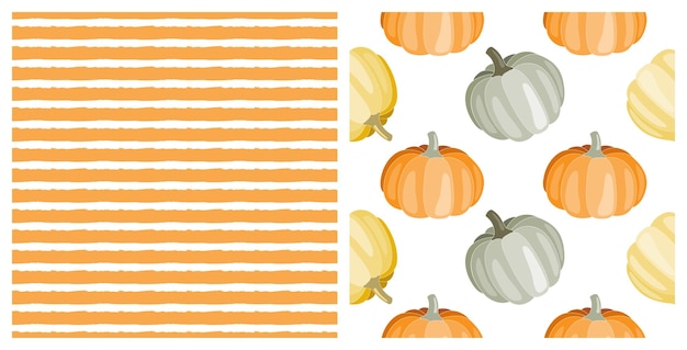 Set of two seamless patterns with cute hand drawn Autumn pumpkins and orange stripes,