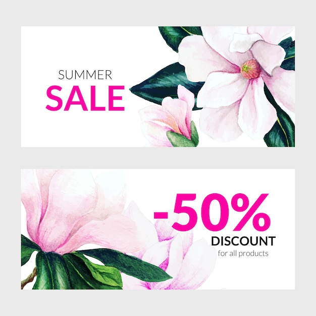 Set of two summer banners with pink magnolia flowers