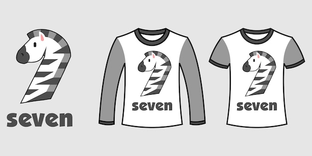 Set of two types of clothes with number seven zebra shape on t-shirts free vector