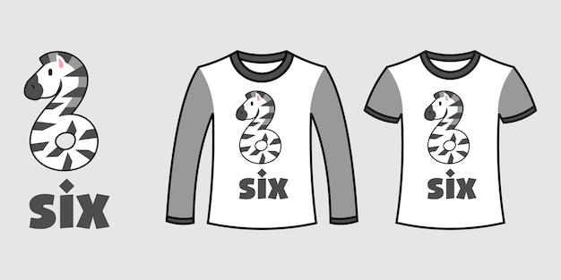 Set of two types of clothes with number six zebra shape on t-shirts free vector