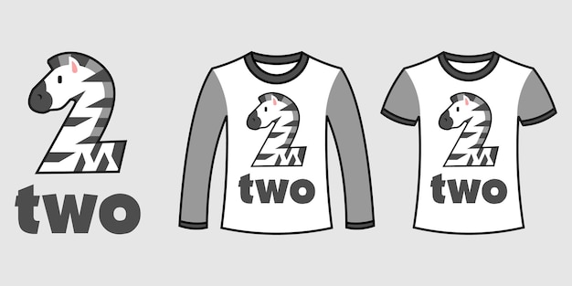 Set of two types of clothes with number two zebra shape on t-shirts free vector