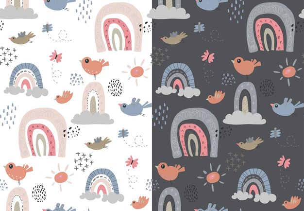 Vector set of two vector seamless patterns with rainbow birds clouds sun raindrop