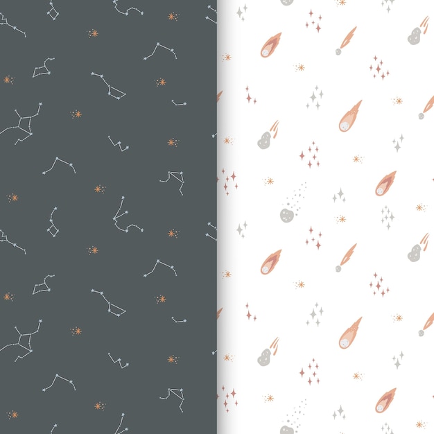 Set of two vector space seamless patterns. Costellations, stars and asteroids. Elegant cosmic design