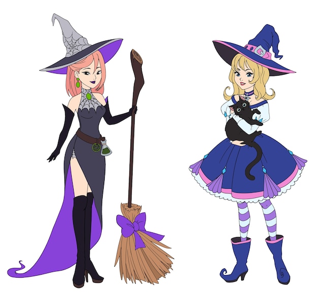 Set of two witches holding black cat and broom.