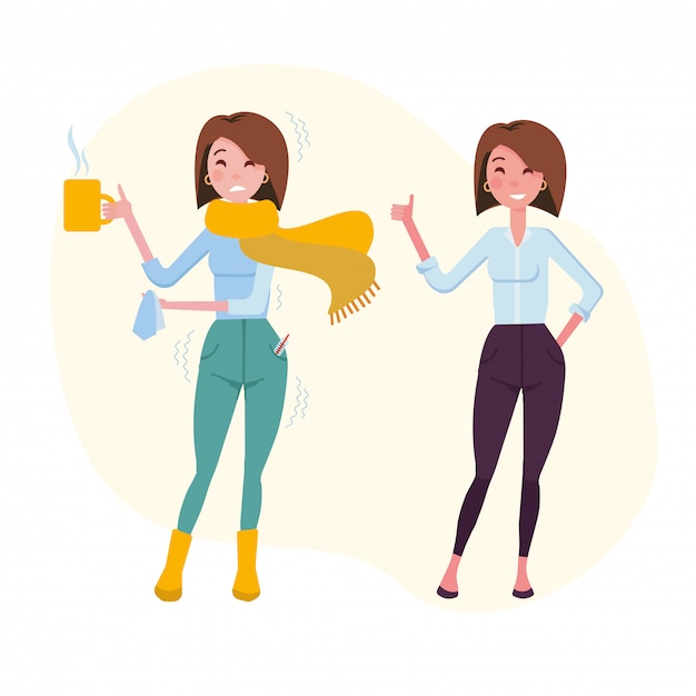 Vector set of two women, one having a cold, the other is healthy.