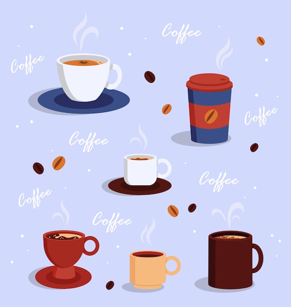 Insieme di tipi e pacchetti di concetto di illustrazione piatta del caffè