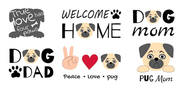 A set of typographic prints with a cute sad pug Vector collection for interior design or clothing A simple character in a flat style with text