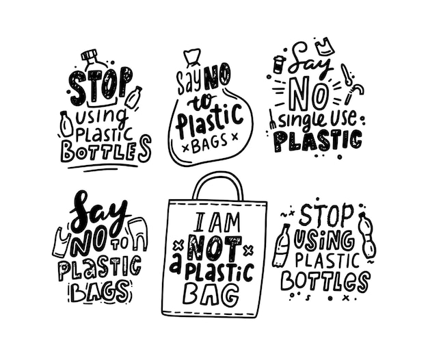 Set of typography stop using plastic bottles and bags, no plastic poisons badges with doodle hand drawn design elements