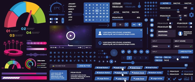 Vector 모바일 앱 및 웹 사이트의 ui 구성 요소 집합 버튼 패널 메뉴 슬라이더 및 차트를 포함합니다.