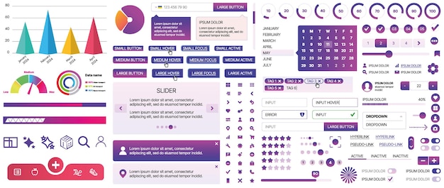 모바일 앱 및 웹 사이트의 UI 구성 요소 집합 버튼 패널 메뉴 슬라이더 및 차트를 포함합니다.