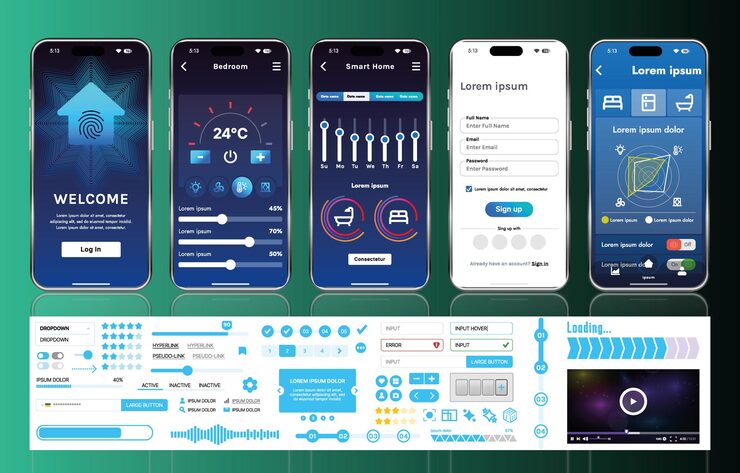 Vector a set of ui ux elements for smart home management mobile apps an interface with buttons panels graphs and navigation for monitoring and controlling automation systems