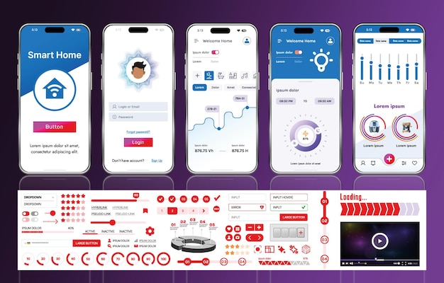 A set of UI UX elements for smart home management mobile apps an interface with buttons panels graphs and navigation for monitoring and controlling automation systems