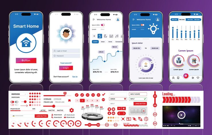 Vector a set of ui ux elements for smart home management mobile apps an interface with buttons panels graphs and navigation for monitoring and controlling automation systems