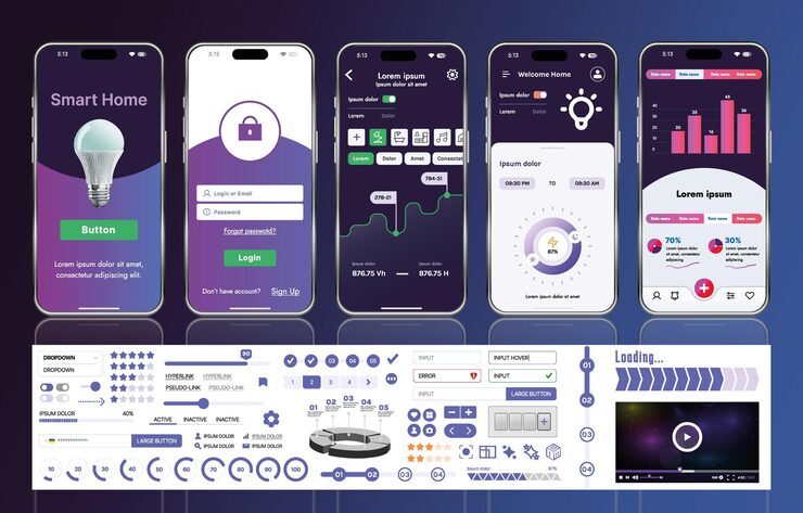Vector 스마트 홈 관리 모바일 앱용 ui ux 요소 세트, 자동화 시스템 모니터링 및 제어를 위한 버튼, 패널, 그래프 및 탐색 기능이 있는 인터페이스