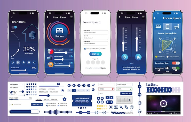 Vector a set of ui ux elements for smart home management mobile apps an interface with buttons panels graphs and navigation for monitoring and controlling automation systems