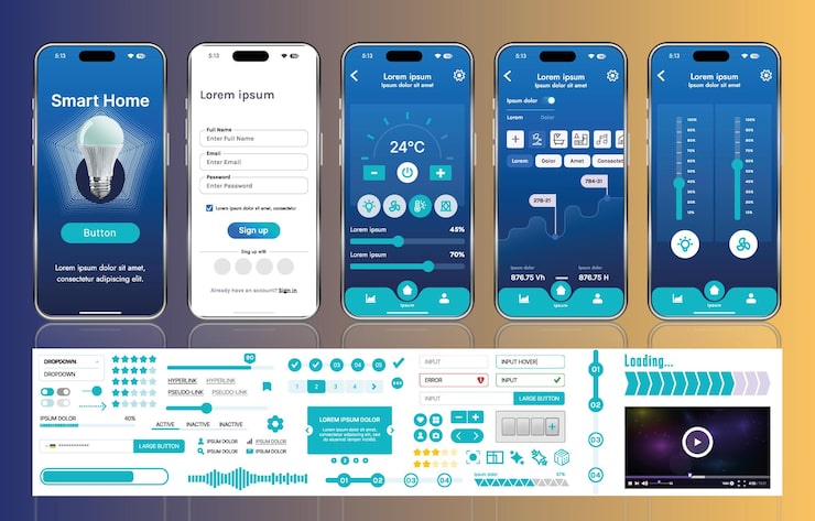 Vector a set of ui ux elements for smart home management mobile apps an interface with buttons panels graphs and navigation for monitoring and controlling automation systems