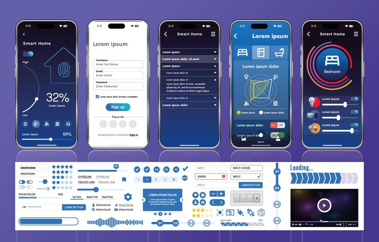 Vector a set of ui ux elements for smart home management mobile apps an interface with buttons panels graphs and navigation for monitoring and controlling automation systems