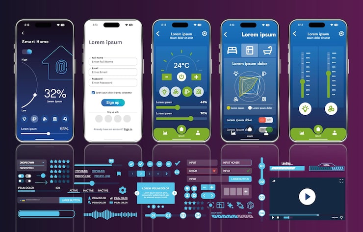 Vector a set of ui ux elements for smart home management mobile apps an interface with buttons panels graphs and navigation for monitoring and controlling automation systems
