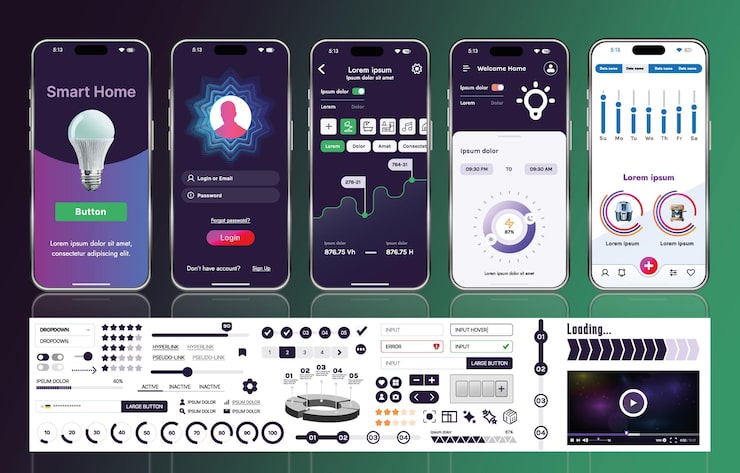 Vector a set of ui ux elements for smart home management mobile apps an interface with buttons panels graphs and navigation for monitoring and controlling automation systems