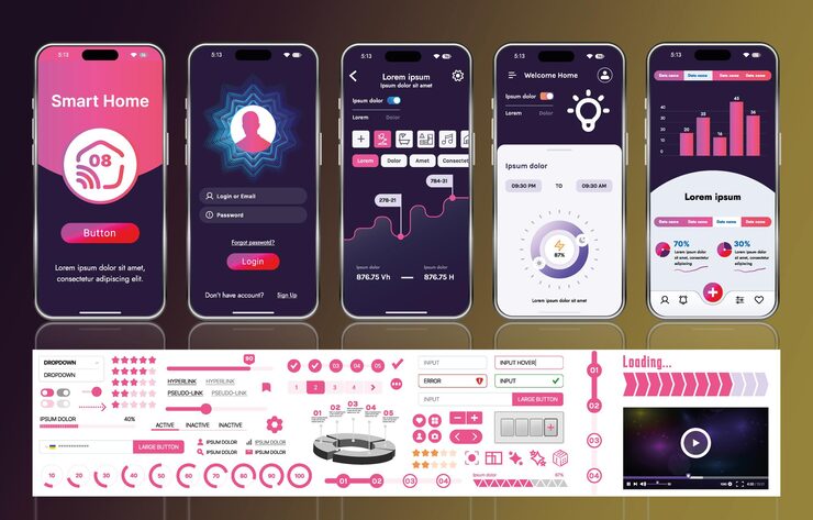 Vector a set of ui ux elements for smart home management mobile apps an interface with buttons panels graphs and navigation for monitoring and controlling automation systems